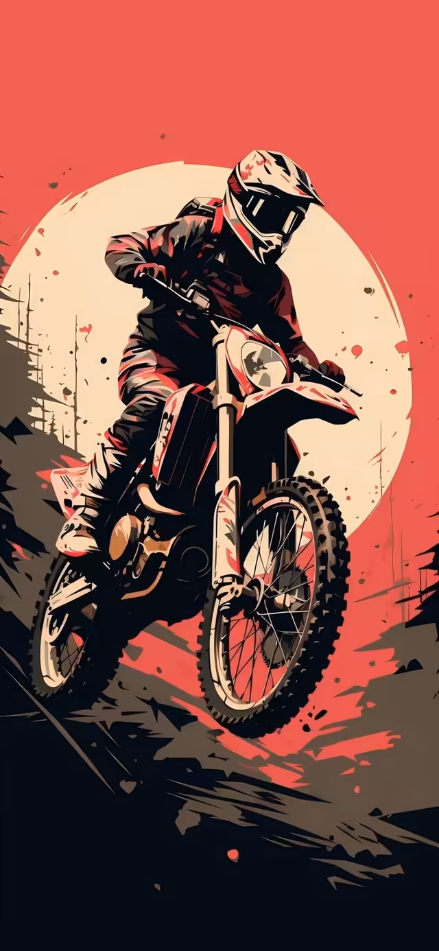 Stylized motocross rider performing a stunt on dirt bike against vibrant red background with cream circle and dynamic splatte