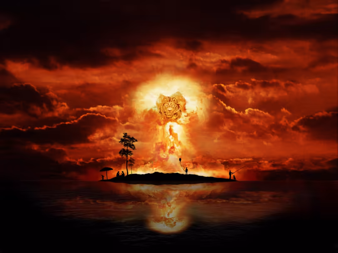 Majestic golden lion head glowing in intense orange flames above silhouetted landscape with water and trees, dramatic sunset