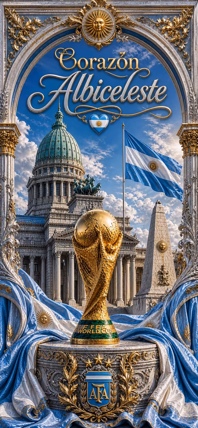 Golden FIFA World Cup trophy displayed against ornate baroque frame with Argentine flag, cathedral dome, and blue decorative