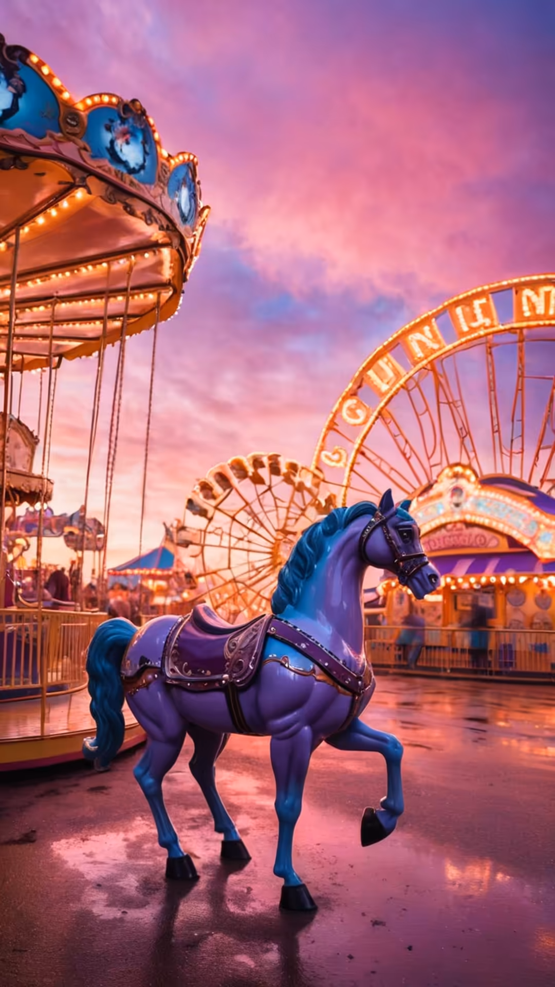 Purple carousel horse with blue mane against illuminated Ferris wheel and carnival rides at dusk under pink and purple sky
