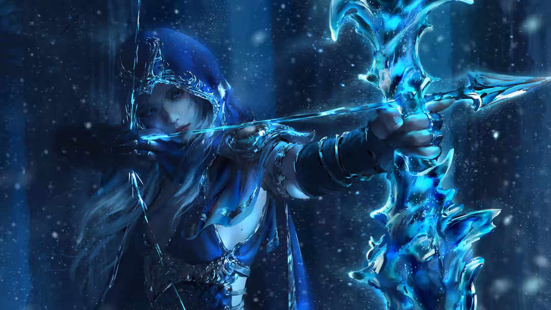 Fantasy archer character Ashe with glowing blue ice weapon and crystalline armor, surrounded by magical frost particles and e