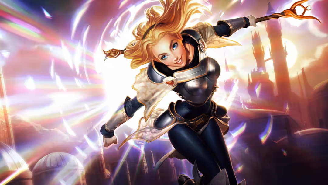 Blonde female warrior character with ornate staff surrounded by magical purple and gold energy effects in fantastical battle