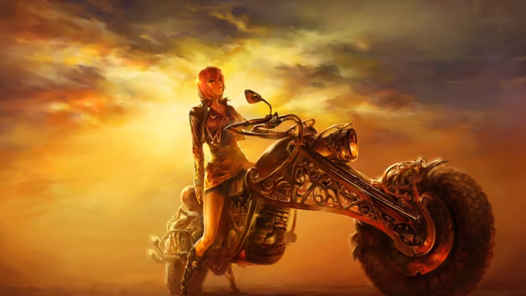 Futuristic motorcycle rider in golden armor stands with ornate steampunk bike against dramatic sunset sky with golden clouds