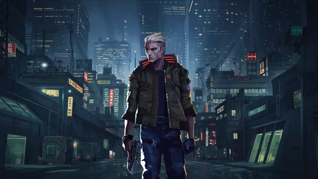 Cyberpunk warrior with white hair in black and red tactical jacket standing in neon-lit futuristic city streets at night