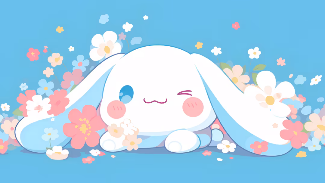 cute white bunny with long ears and closed eyes sits surrounded by colorful pastel flowers against a bright blue sky.
