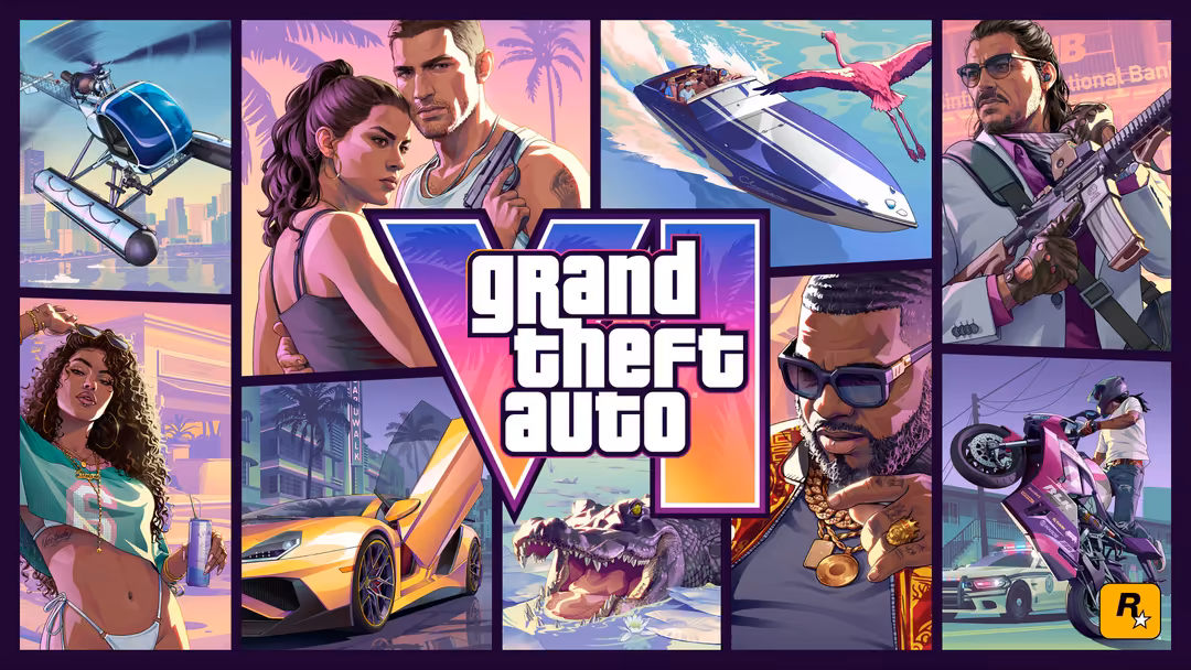 Grand Theft Auto VI promotional artwork with logo, neon city, sports car, helicopter, characters, and motorcycle chase.