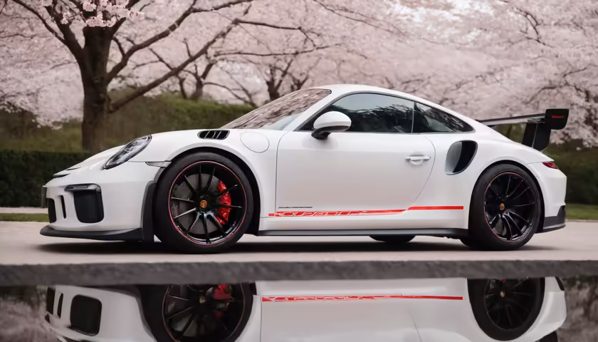 White Sports Car Cherry Blossoms