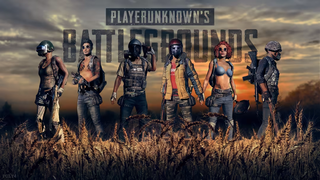 Six armed characters standing in formation across a dusty desert field at sunset with dramatic sky backdrop