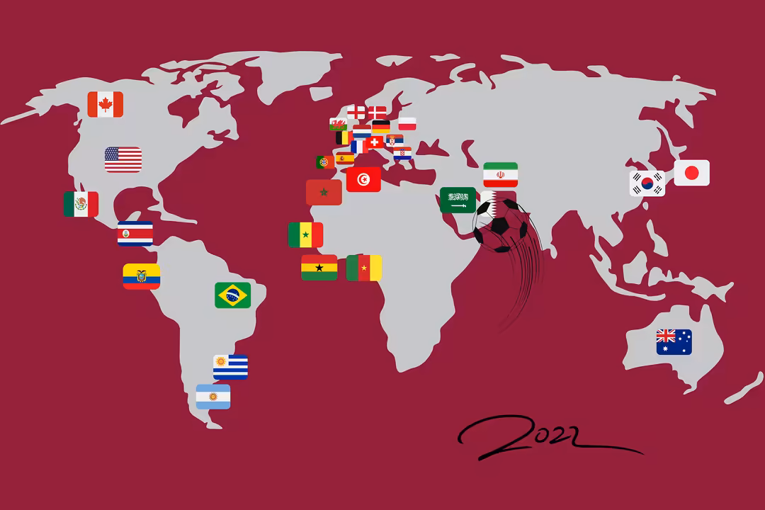 World map with burgundy background displaying international flags marking FIFA World Cup participating nations across contine