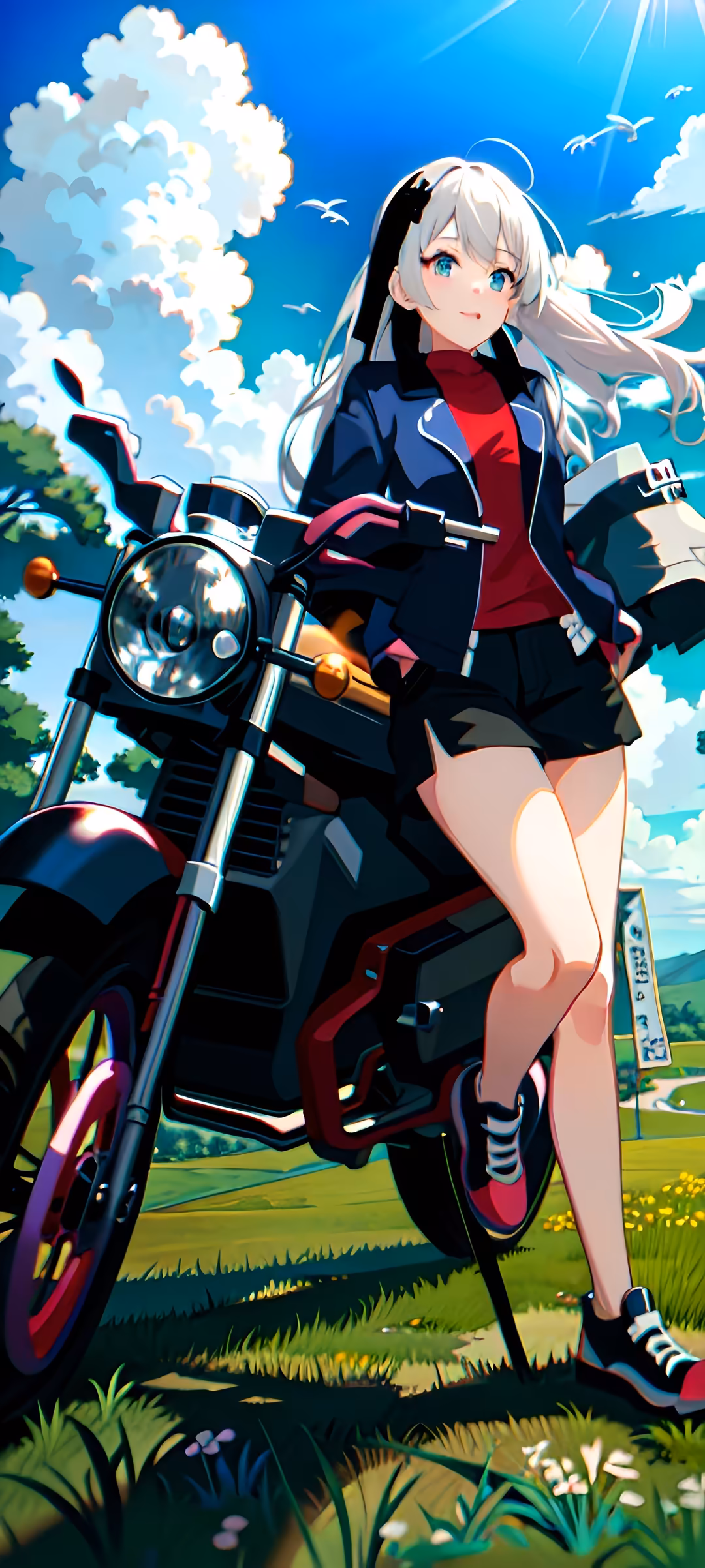 Anime girl with white hair on motorcycle under blue sky with fluffy clouds, wearing black and red jacket