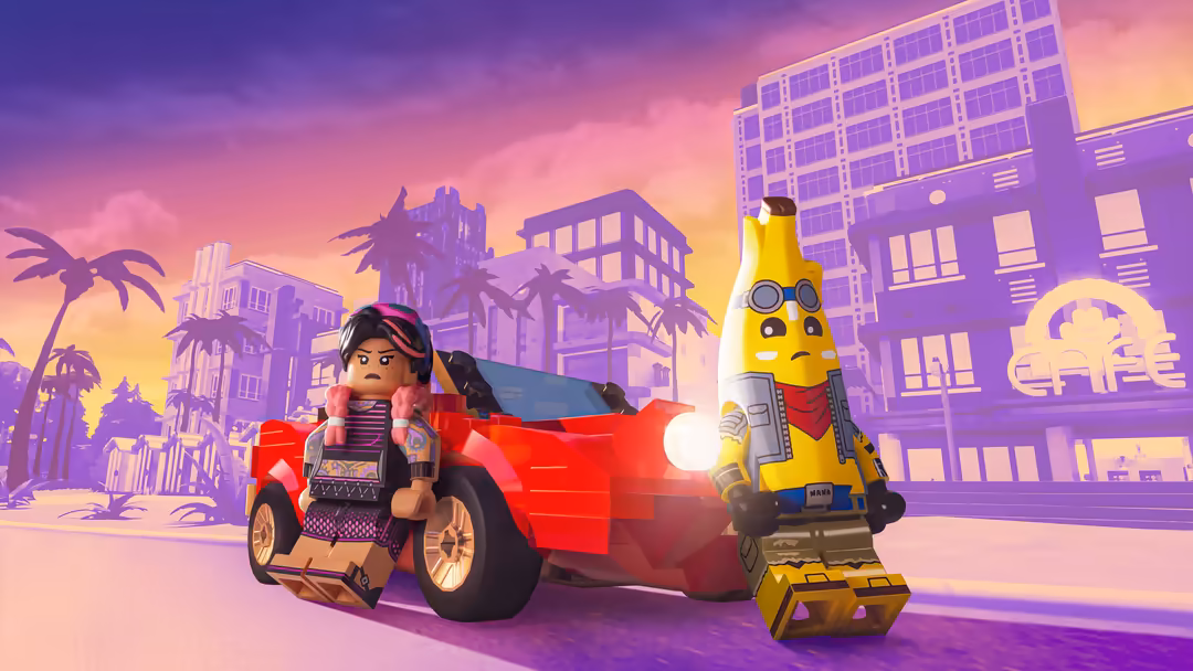 Colorful Fortnite characters with a red sports car in a neon-lit purple and pink cityscape at sunset with palm trees