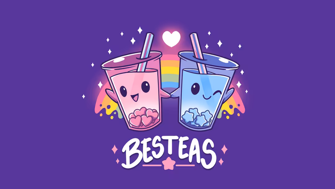 two smiling boba tea cups with rainbow straws and hearts floating above against a purple background with sparkles and…