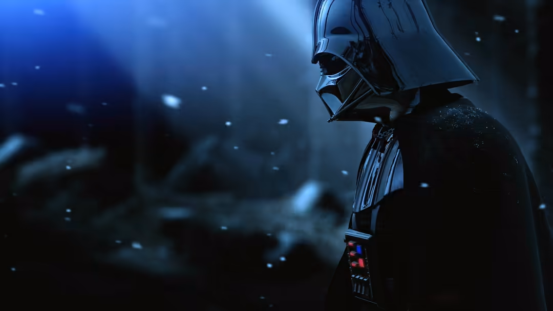 Luke Skywalker portrait with dramatic blue and neon lighting, intense warrior expression against dark atmospheric background