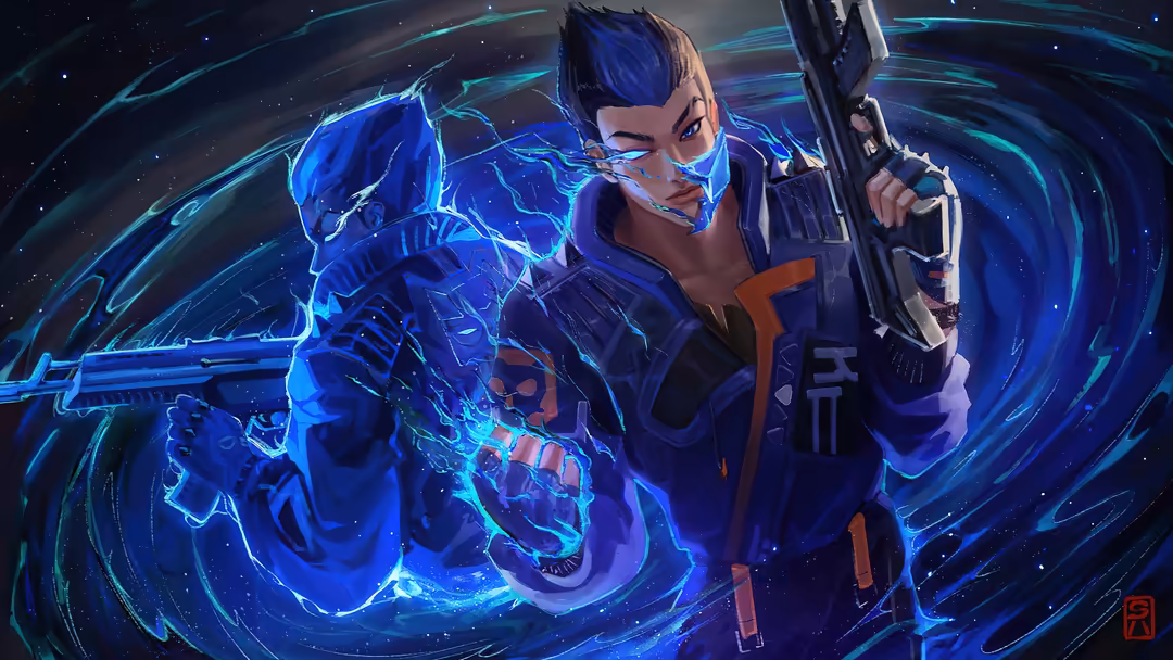 Yoru from Valorant wielding glowing neon blue weapons with electric energy effects swirling around in a dark cyberpunk atmosp
