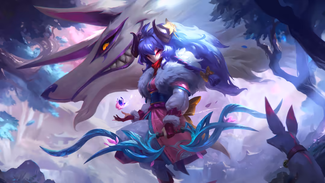 Ethereal spirit character with flowing blue hair and purple robes surrounded by glowing magical elements and mystical energy