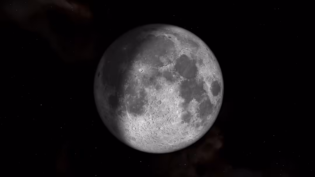 Detailed full moon with craters and surface features against a black starry night sky background