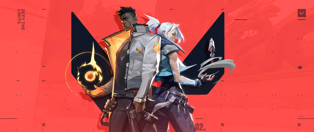two stylized video game agents stand back-to-back against a bright red background with glowing golden weapons and futuristic…