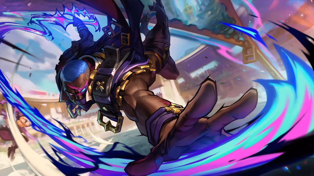 Animated warrior character in dark armor with neon blue and magenta energy effects swirling around them in dynamic action pos