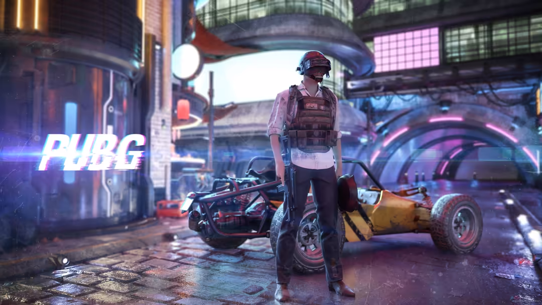 Tactical player in armor vest standing in neon-lit cyberpunk city street with vehicles and futuristic architecture