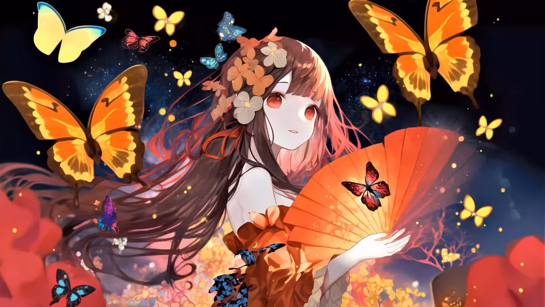 Anime girl with long burgundy hair and red eyes surrounded by glowing yellow and orange butterflies, white and orange flowers