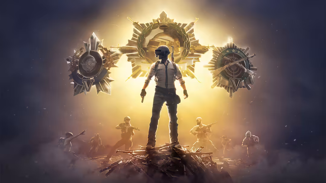 A soldier stands triumphantly on a pile of rubble, surrounded by glowing golden military insignias and squad members in atmos