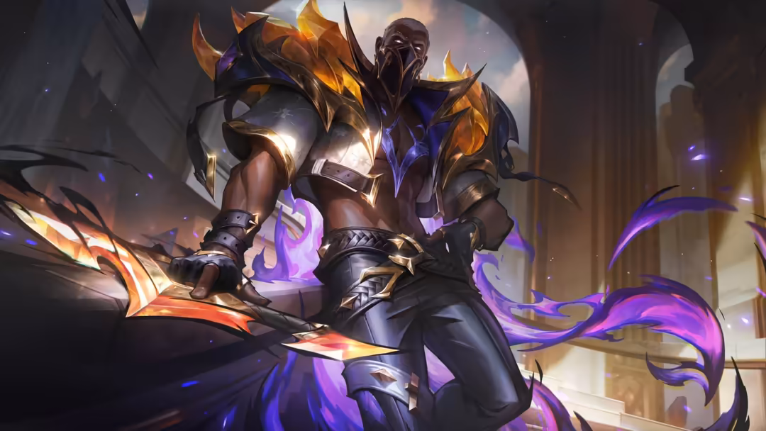 Mystical warrior in ornate golden and purple armor with glowing magical energy, wielding enchanted weapons in an epic fantasy