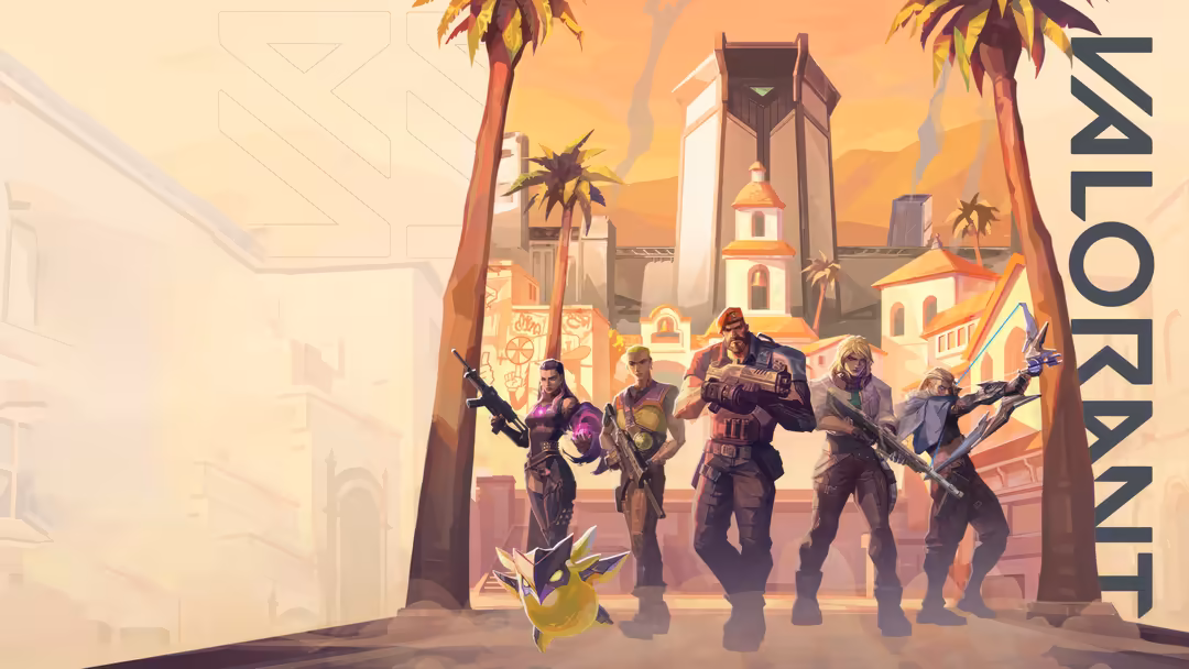 Valorant Episode 7 Act 2 Reyna and team of agents standing in desert city with palm trees and golden architecture