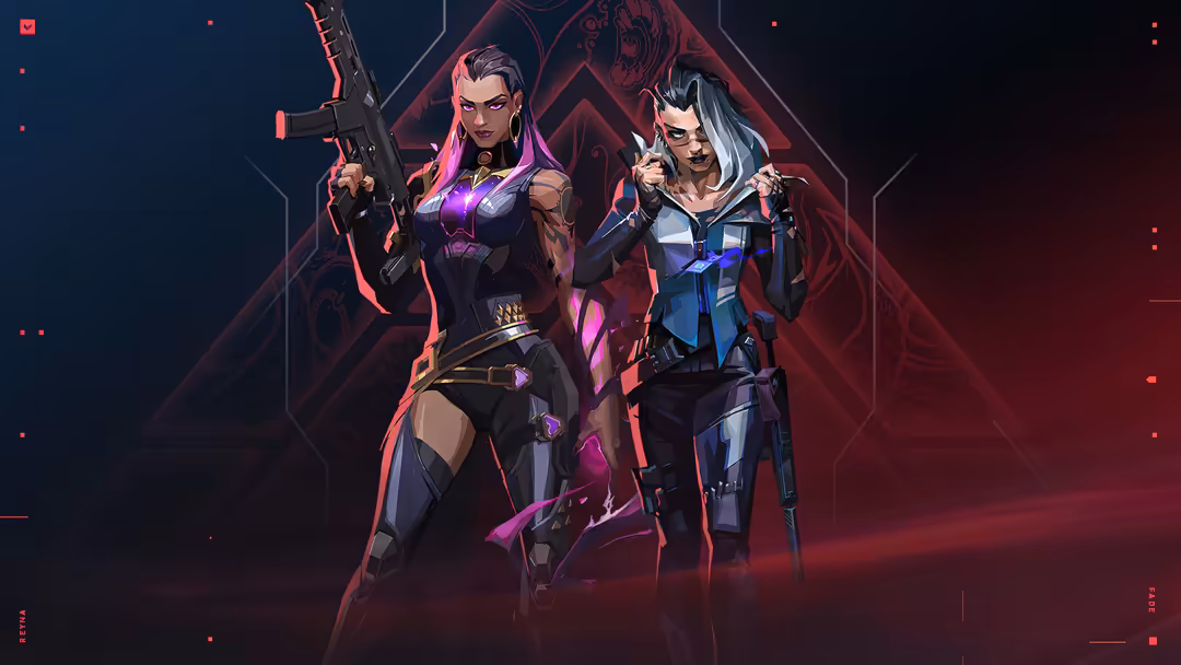 Two armed female agents in cyberpunk tactical gear with neon pink and blue accents, standing back-to-back against a dark geom