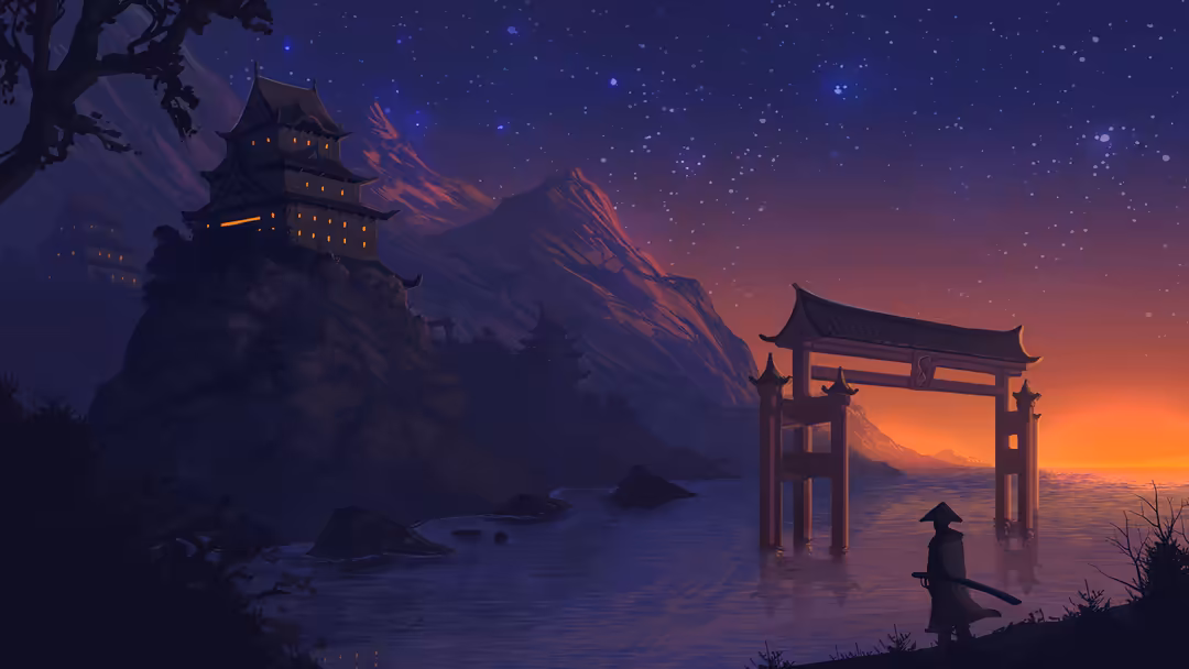 Asian Temple Starry Night Landscape — horizontal sky & clouds QHD wallpaper