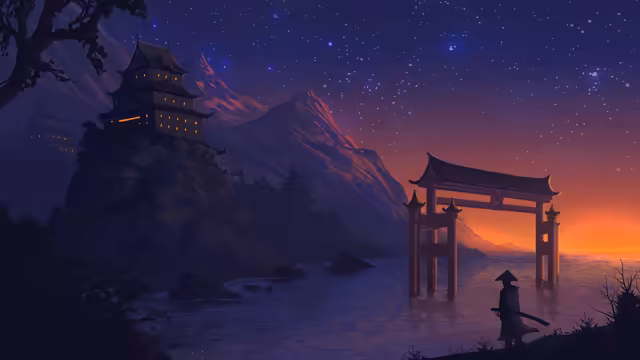 Asian Temple Starry Night Landscape