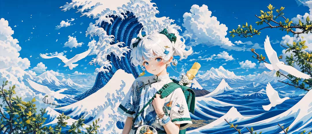 Anime girl with white hair in twin buns wearing green ribbons and patterned outfit, standing before stylized ocean waves and blue sky with birds.
