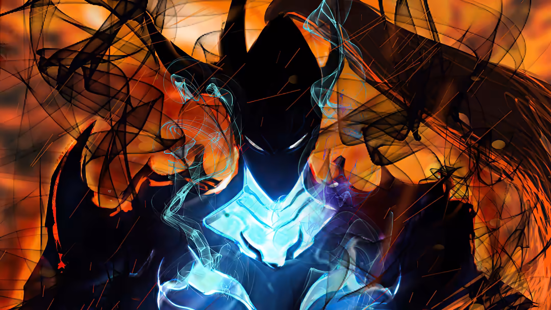 Sung Jinwoo with glowing cyan and blue neon aura, surrounded by swirling black tentacles and orange fiery background, dark sh