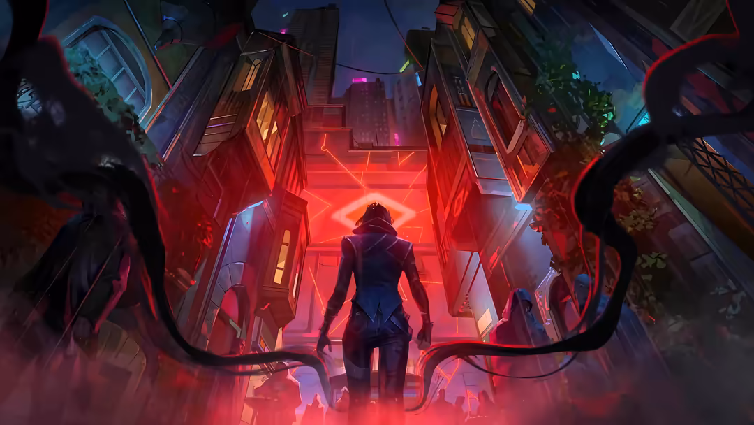 Valorant agent standing in neon red-lit cyberpunk alley with glowing geometric shapes and dark building silhouettes, dramatic