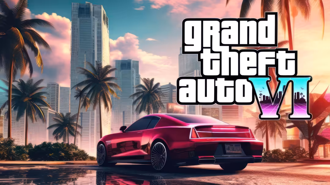 Futuristic neon pink sports car parked in tropical Miami cityscape with palm trees, skyscrapers, and vibrant sunset sky refle