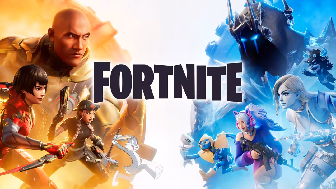 Fortnite characters split between warm fire tones on left and cool blue ice tones on right with futuristic architecture