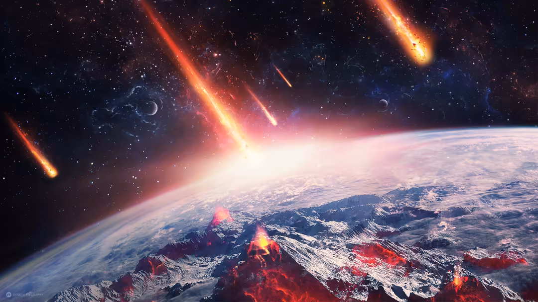 Dramatic meteorite shower striking a planet with glowing red impact zones and explosive atmospheric effects against starry sp