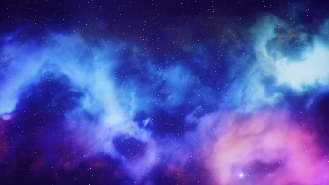 Vibrant deep space nebula with swirling clouds in shades of blue, purple, and pink, dotted with stars throughout the cosmic a