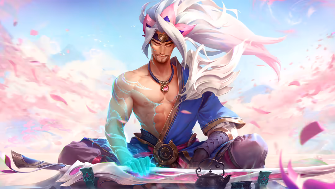 Animated warrior with flowing white and pink hair, ethereal blue and pink energy aura, wearing ornate blue armor against drea