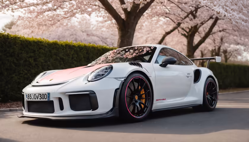 White Sports Car Cherry Blossom Garden