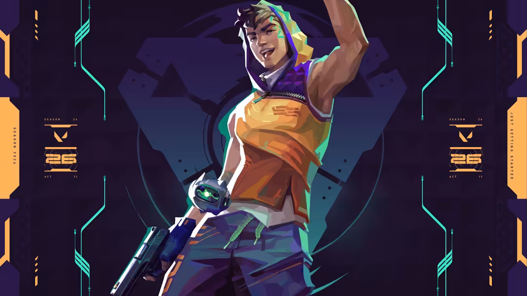 Stylized illustration of Miks from Valorant in tactical gear with neon accents, wielding a futuristic weapon against a dark c