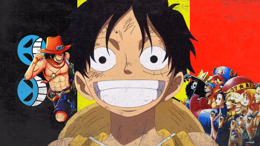 Anime protagonist with wide excited smile, black spiky hair, and brown shirt, surrounded by colorful characters and bold red