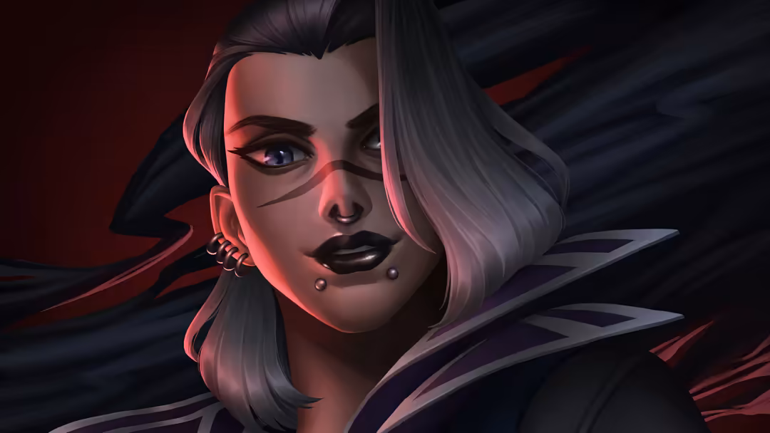 Fade character from Valorant with sharp features, wearing mask and earrings, illuminated by red and purple neon lighting agai