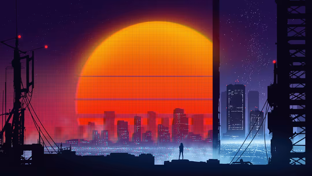 A solitary figure stands amid industrial structures gazing at a massive glowing sun setting over a neon-lit cyberpunk citysca