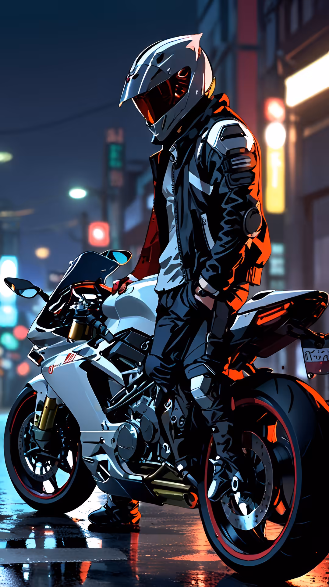 Futuristic biker in sleek white and orange motorcycle suit with helmet, riding sport bike through neon-lit cyberpunk city str