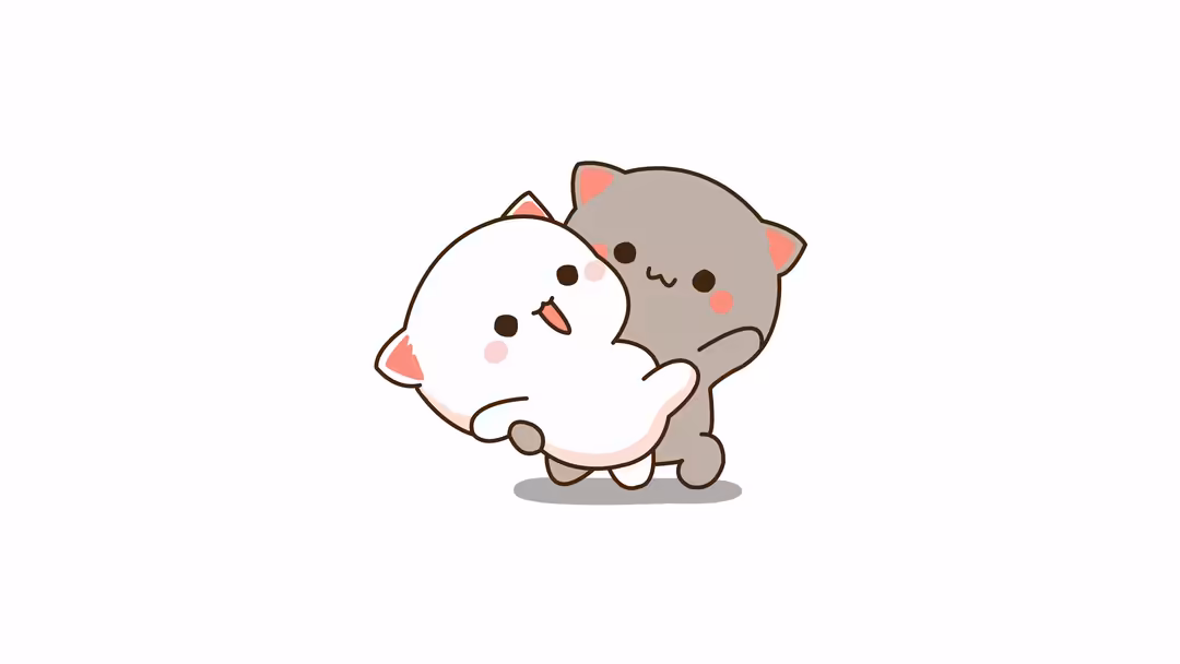 Two adorable cartoon cats with rosy cheeks hugging each other in a kawaii style illustration with pastel colors and soft brow