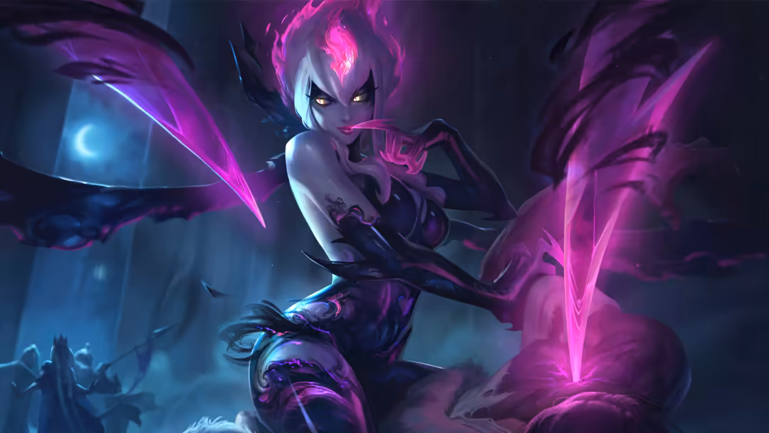 Mystical character with glowing purple neon aura and sharp blade, dark atmospheric setting with blue moonlight and swirling m