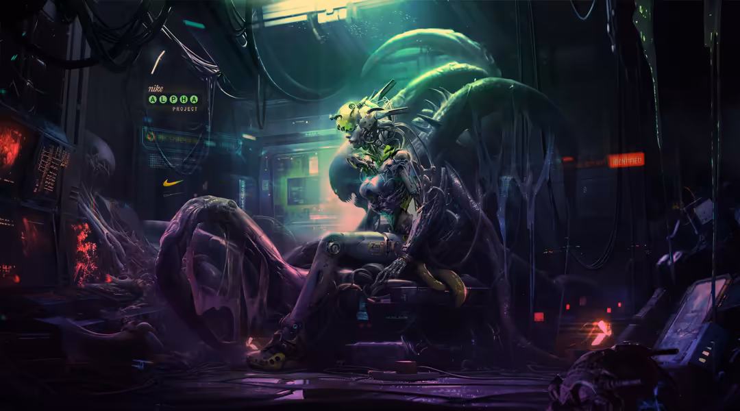 Dark cyberpunk scene with a luminous green creature surrounded by neon purple lights and futuristic technology in a gritty in