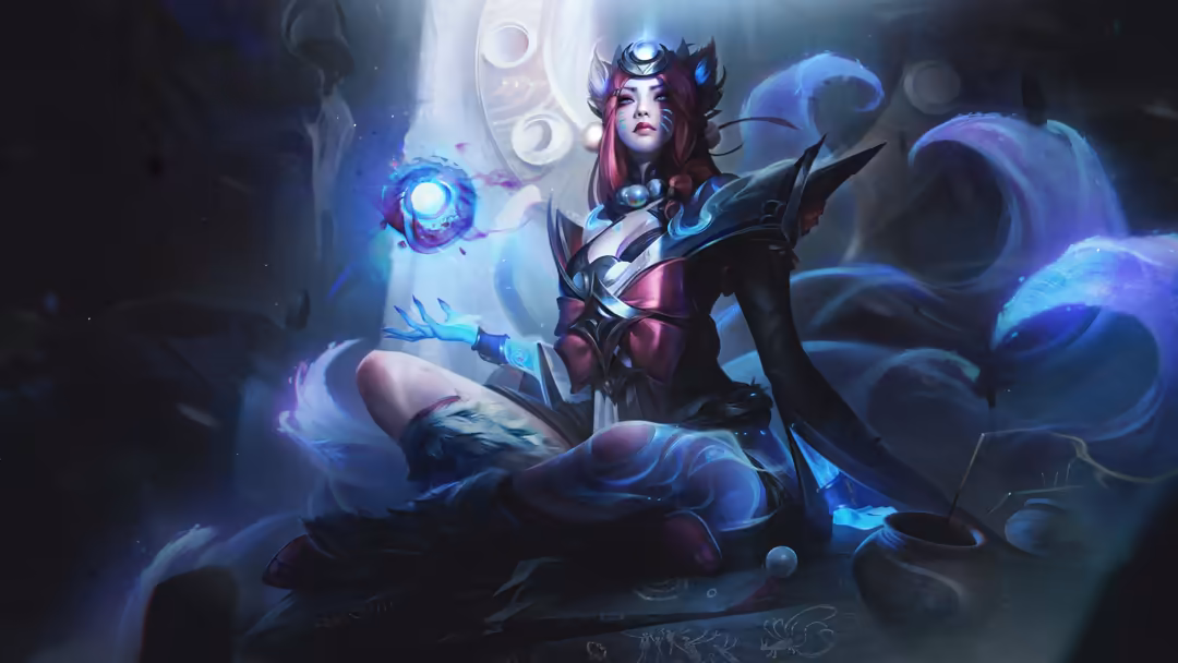 Mystical character with red hair and ornate armor, surrounded by glowing blue magical orbs and ethereal energy effects in a d