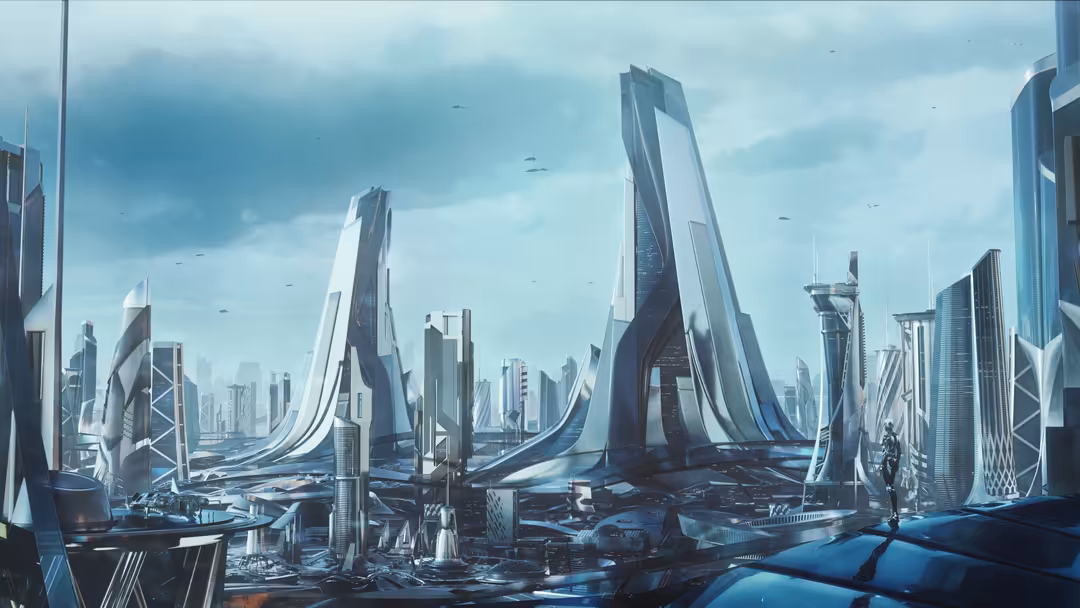 Futuristic cyberpunk megacity with towering curved skyscrapers and advanced architecture under a blue cloudy sky