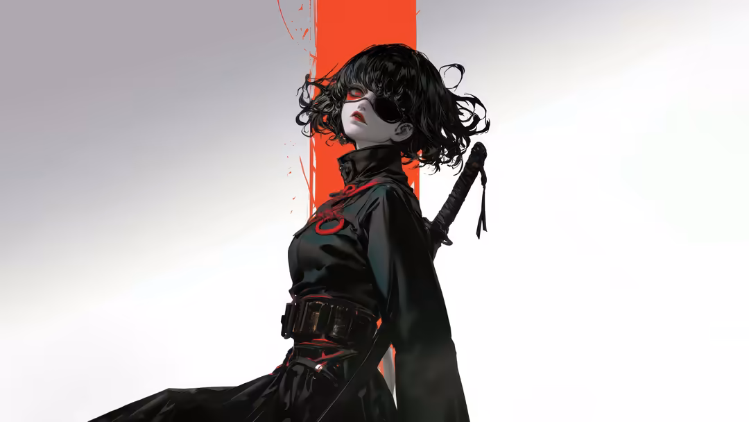 Cyberpunk character with black wavy hair and white face paint standing confidently against vibrant red and gray background wi